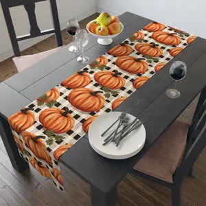 Harvest pumpkin, black and white checker background seasonal Table Runner (Cotto, poly) perfect for the holiday decor