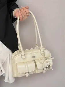 Women's Retro Solid Color PU Leather Shoulder Bag, Handbag Shoulder Purse, Large Capacity Crossbody Bag with Detachable Accessory Charm, Casual Trendy Versatile High-quality Daily Commuting Bag