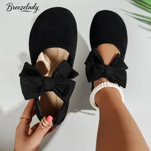 Women’s Black Bow Mary Jane Flats - Round Toe Slip-On Footwear, Soft Suede-Like Upper, Cushioned Insole, Casual Elegant Dress Walking Shoes for Office & Everyday Wear