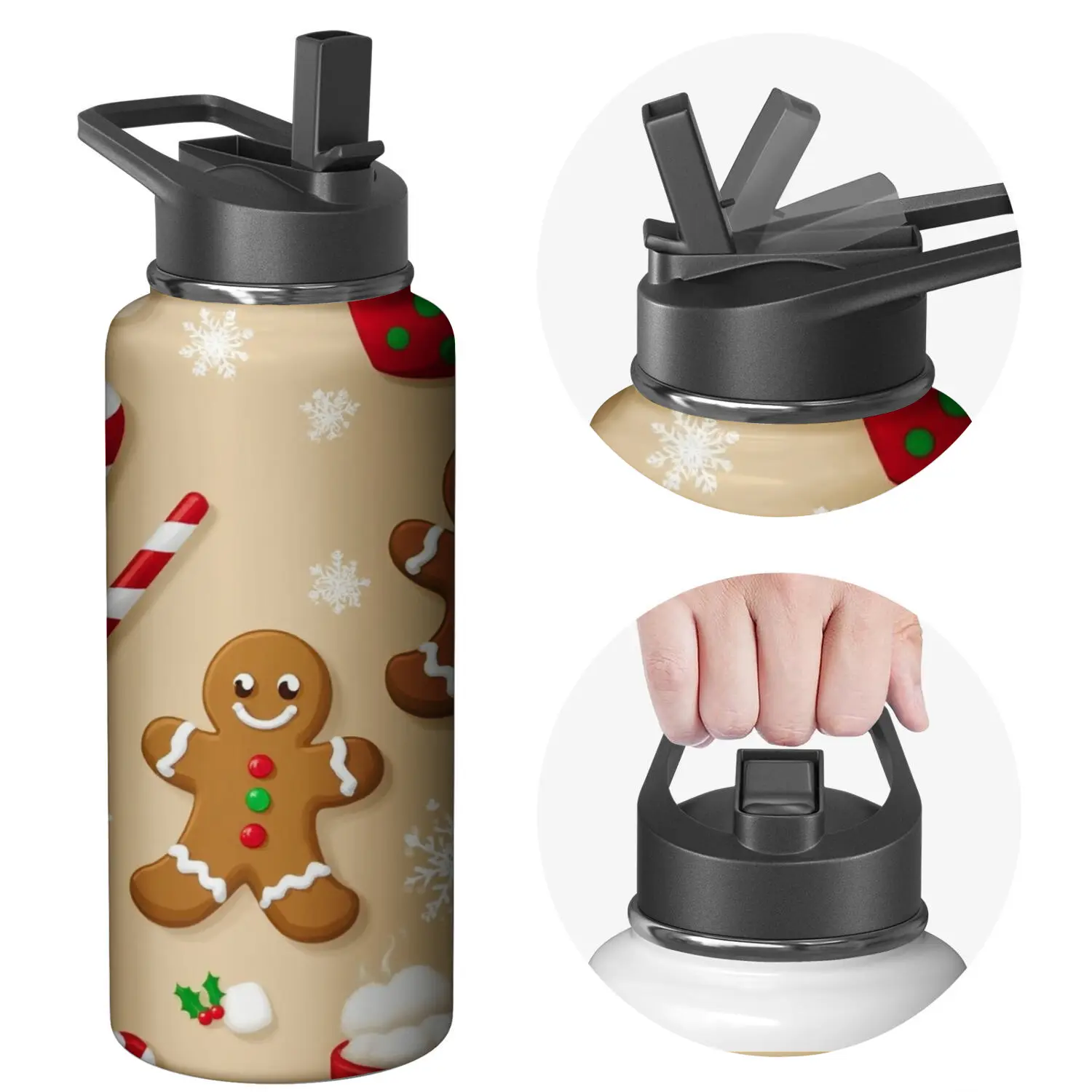 Christmas Gingerbread Water Bottle with Black Lid, Beige Color, Festive Gingerbread Man and Snowflake Print, Ideal for Holiday Outdoor Activities and Gift Giving