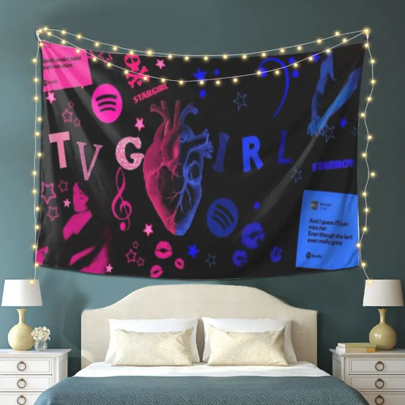 TV Girl Collage Knitting Tapestry Wall Hanging - Soft Peach & Light Beige Velvet-Polyester Fabric, Music Notes, Stars, Heart, Indoor Room Decor, Machine-Washable Home Supply, Indoors