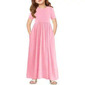 Haloumoning Girls Maxi Dress Short Sleeve Casual Holiday Summer Dress with Pockets for 5-14 Years