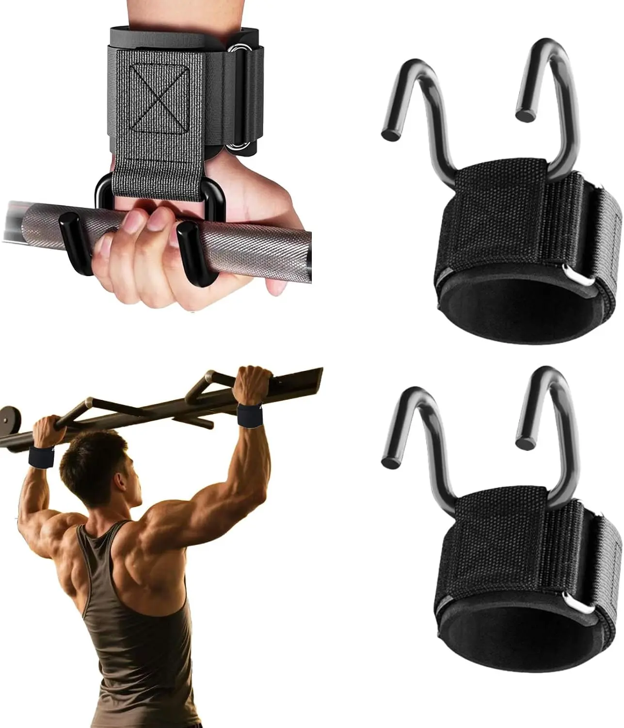 Lifting Hooks with Adjustable Anti-Slip Lifting Straps, 1 Pair 330LB Capacity All Sizes Heavy Duty Wrist Protection for Barbell Deadlifts, Gym Workouts