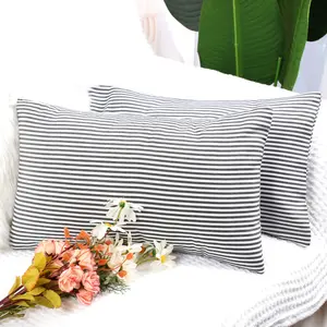 Unique Bargains 2 Pack Woven Striped Lumbar Throw Pillow Cover Set Decorative Cushion Covers Rectangle Farmhouse Pillow Case for Sofa Bedroom Car Black and White 12" x 20"