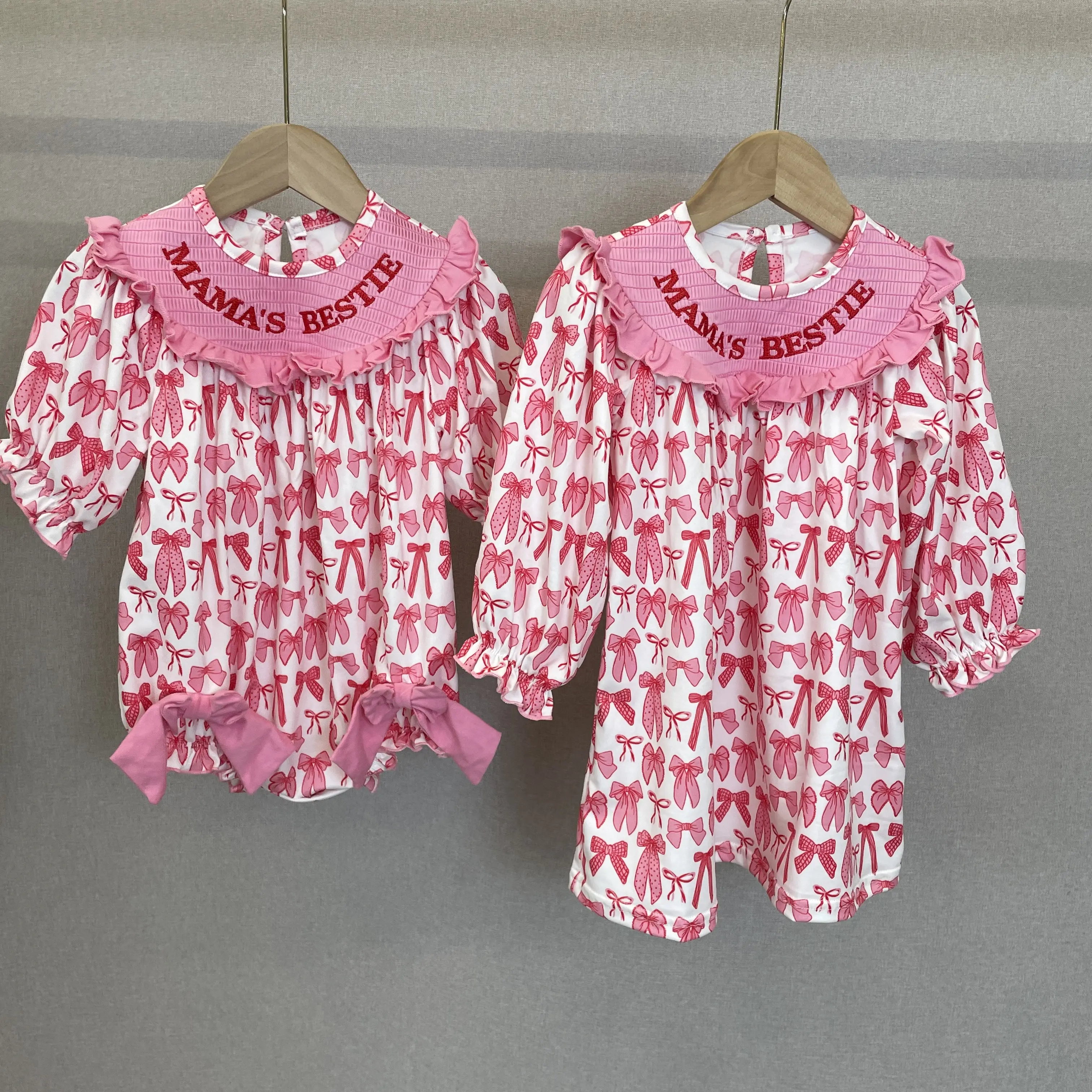 Girl MAMA'S BESTIE Dress Bow Grandmillennial Mother's day Clothing Winter Dresses