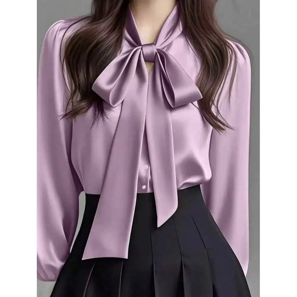 Women's Elegant Satin White Long Sleeve Casual Shirt, Versatile Commuter Chic Blouse With Bow Neck Detail, Solid Color Suitable For All Seasons,  Soft Skin-Friendly Breathable Fabric With Refined Satin Texture, Suitable For Office Wear