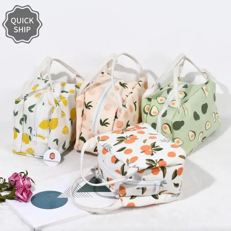 Orange/Avocado/Lemon/Peach High-Capacity Canvas Insulated Lunch Bag, Zipper Closure, and Thermal Interior Lining - Christmas Gifts