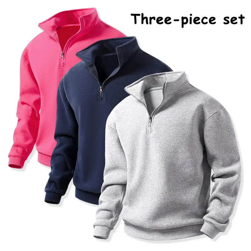 Men’s quarter zip stand collar sweatshirts, 3-pack — soft fleece, long sleeves, pullover tops, loose casual athletic workout style, value pack, plain basic warm streetwear collared sweatshirt