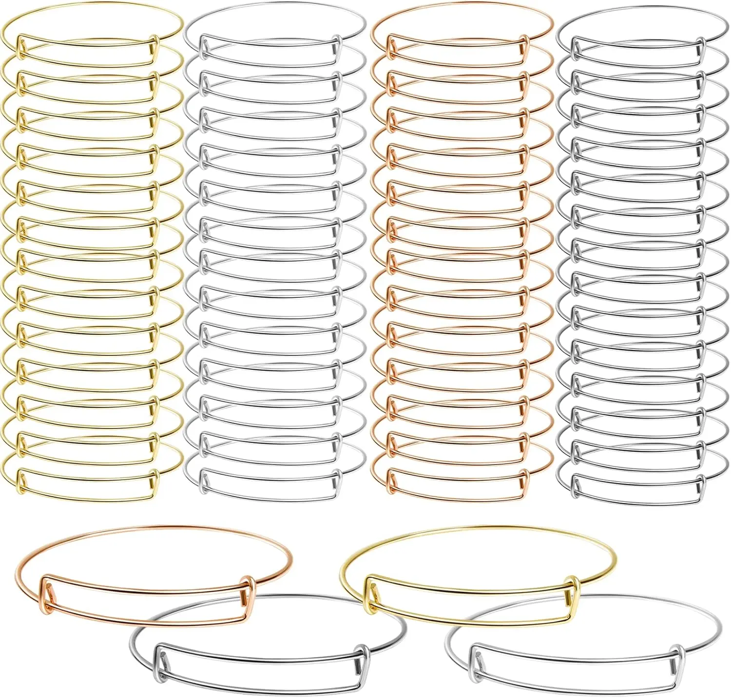 Bangle Bracelets for Women, 60 Piece Expandable & Adjustable Stainless Steel Wire Blanks for DIY Jewelry Making, Smooth Surface, 4 Colors, 2.6-Inch, Adjustable Wristband Bracelets & Bangles, Band Style Bracelets & Bangles