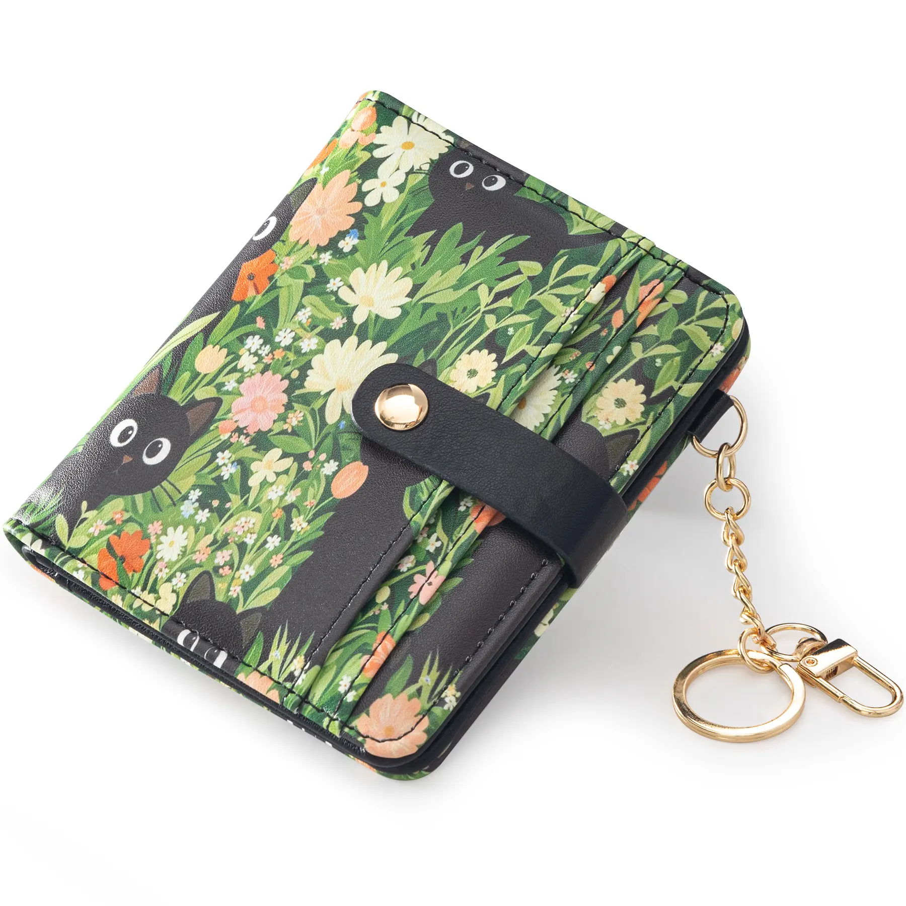 VTLASK Cute Black Cat Wallet for Teen Girls College Students, RFID Blocking Slim Leather Bifold Wallet with 13 Card Slots, Coin Pocket & Keychain, Compact Floral Card Holder Purse for Campus ID, Back to School Gift,tiktokshopbacktoschool