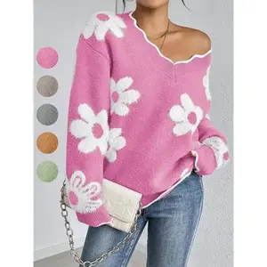 Women Floral Pattern Fan-shaped Trim Drop Shoulder Sweater, Casual Long Sleeve V-neck Sweater Suitable for Autumn and Winter Seasons, Fashionable Women's Daily Wear Knitted Sweater