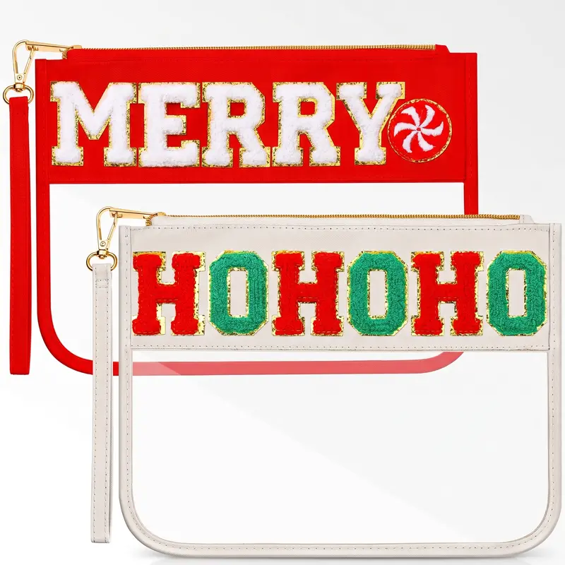2 Pcs Christmas Clear Makeup Bags Merry HOHOHO Chenille Letter Cosmetic Pouches with Zipper and Wrist Strap Water Resistant Toiletry Organizer for Women Girls Xmas Travel Gifts