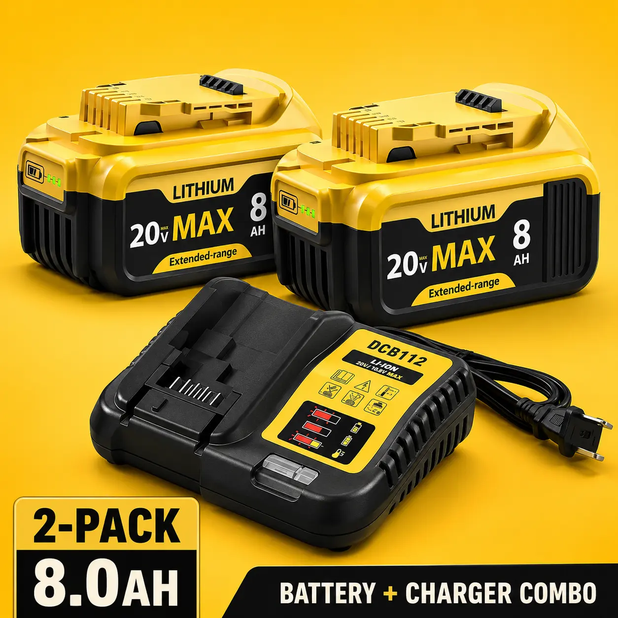 DeWalt 20V MAX 8.0Ah Lithium Replacement Battery & Smart Charger 2-Pack, High-Capacity Cordless Power Tool Accessory with LED Fuel Gauge, Replaces DCB205, DCB206, DCB200