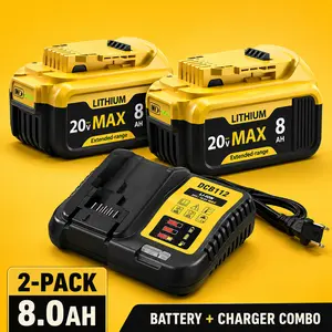 DeWalt 20V MAX 8.0Ah Lithium Replacement Battery & Smart Charger 2-Pack, High-Capacity Cordless Power Tool Accessory with LED Fuel Gauge, Replaces DCB205, DCB206, DCB200