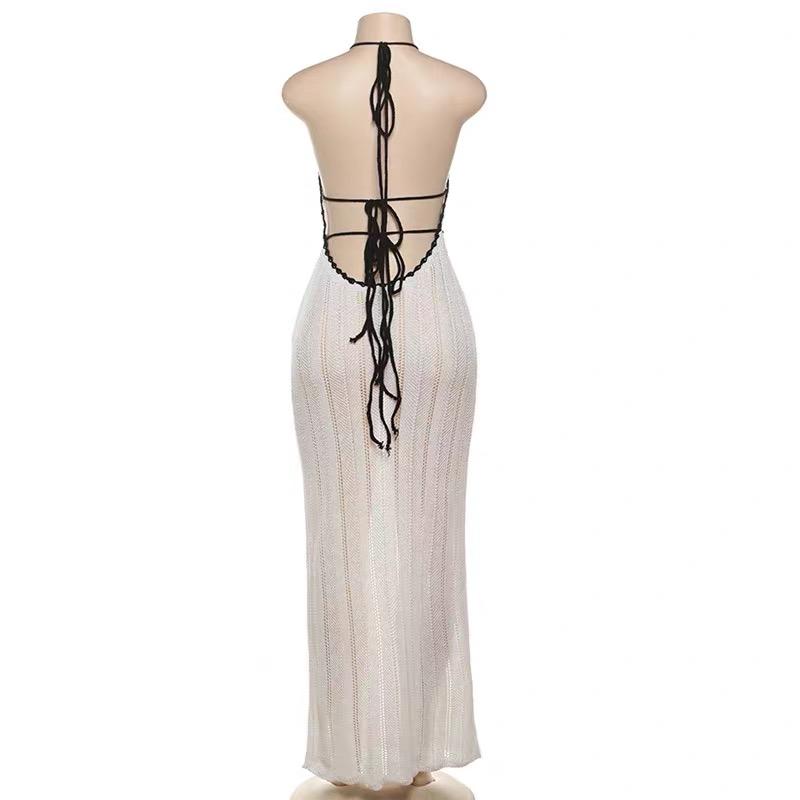 Summer Y2K Women Sweater Dresses Halter Neck Backless Knit Maxi Dress Waist Cinched Boho Beach Vacation Festival Resort Wear Casual