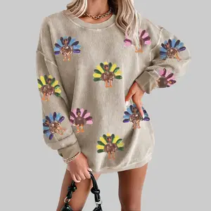 Women's Sequin Turkey Graphic Corded Drop Shoulder Thanksgiving Day Baggy Sweatshirt, Glitter Christmas Fashion Pattern Festive Pullover Casual Womenswear