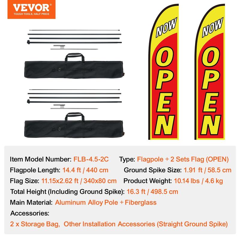 VEVOR Open Flags with Pole Kit, Advertising Flags for Business Outside, Advertising Feather Flag Kit, Includes 2 Banner Flags, 2 Poles, 2 Ground Stakes, Open Sign Swooper Flags for Businesses 16.3 FT Aluminum Lightweight