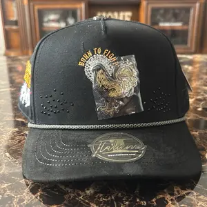 El Gallero Hats Born to Fight Black Snapback with Gold Rooster Embroidery and Silver Chain Trim