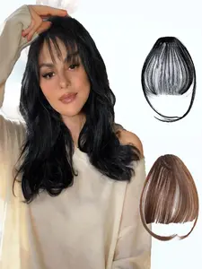 KAIRIYA Clip-In Wispy Air Bangs with Side-Swept Temples - Fluffy Brown and Black Curved Fringe Synthetic Hairpiece for Women, Perfect for Holiday Parties and Everyday Wear