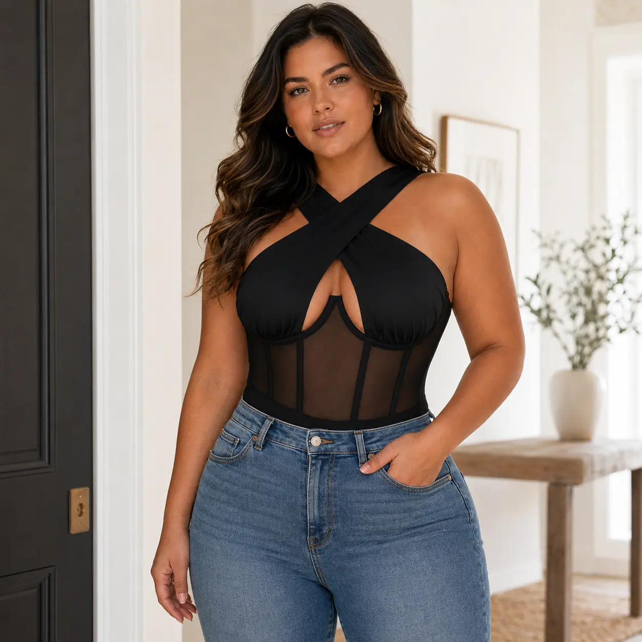 GBELLA Women’s Black Mesh Sheer Bodysuit, Viral Crisscross V Neck Halter Sleeveless Stretchy Breathable Slim Fit Bodycon Curve Hugging Shapewear Style Going Out Top, Date Night Club Party Summer Vacation Outfit for Jeans Skirts