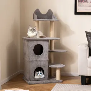 COSTWAY - 48.5 inch Cat Tree with 2-story Condo and 3 Hideaway Caves for Large Cats-Gray