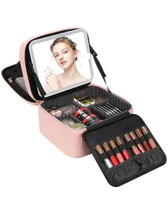 Makeup Bag with Mirror and Light Travel Makeup Train Case Cosmetic Bag Organizer Portable Artist Storage Bag with Adjustable Dividers Makeup Brushes Storage Organizer