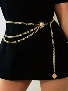 1pc Women'S Multi-Layer Exaggerated Body Chain For European And American Market, Vintage Style, Vintage Body Jewelry, Elastic Golden Beach Leg Chain, Waist Chain For Street Snapshot, Jeans Matching, Adjustable Waist Chain