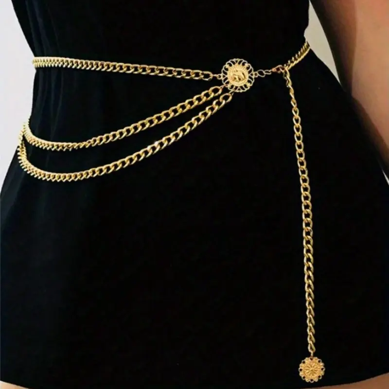 1pc Women'S Multi-Layer Exaggerated Body Chain For European And American Market, Vintage Style, Vintage Body Jewelry, Elastic Golden Beach Leg Chain, Waist Chain For Street Snapshot, Jeans Matching, Adjustable Waist Chain, Body Jewellery