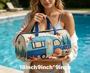 18" Summer Beach Quilted Duffle Bag | Coastal Camper Print Weekender  Large Zipper Travel Tote for Vacation & Gym Boho Coastal Quilted Duffle Bag - Handmade Vibe Camper Print Tote, Large Zippered Carry-On for Beach Trips & Weekend Vacations