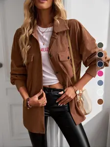 Women's Solid Button Front Corduroy Coat Jackets, Casual Long Sleeve Collared Outerwear for Daily Wear, Ladies Fall & Winter Clothes