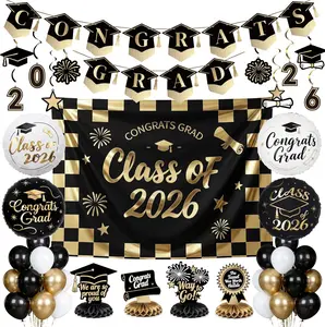 PartyWoo 2026 Graduation Decorations Kit - Class of 2026 40pcs Black Gold White Set with Congrats Backdrop, Black Checkered Banner, Hanging Swirls, Foil Latex Balloons, Centerpieces (Ideal Gift), Graduation Decorations 2026