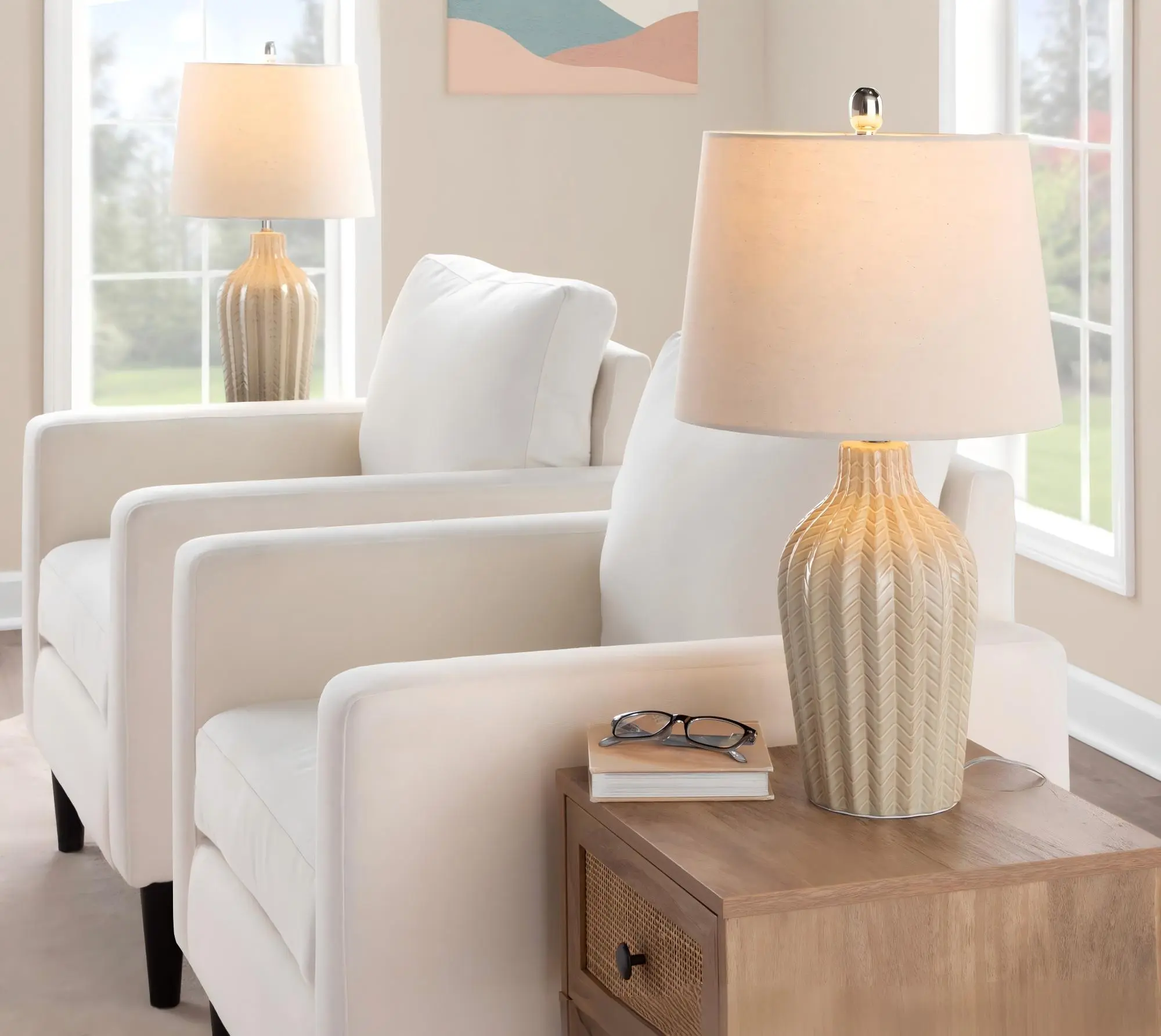 Set of 2 Contemporary Ceramic Table Lamps, 23" Tall, Cuban Sand Finish with Polished Nickel Accents and Natural Linen Shades