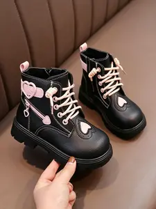 Ankle Boots with Heart Details, Waterproof PU Material, Comfortable Thick Sole, Ideal for Outdoor Activities and School Use