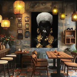 African Girl Print AW (22) – African Woman Queen Flower Art, Gold and Black Portrait, Stretched Poster, Wall Art Decor, Room Decor, Unframed