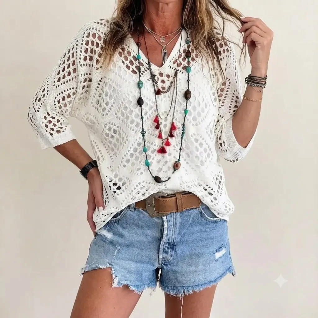 Women's Chic White Crochet V-Neck 3-Quarter Sleeve Blouse, Perfect for Summer Casual Wear