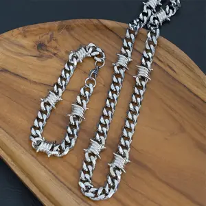 Stainless Steel Barbed Wire Cuban Hiphop Bracelet Necklace for Women Men Neo-Gothic Thorns Choker Necklace Bracelet Punk Jewelry
