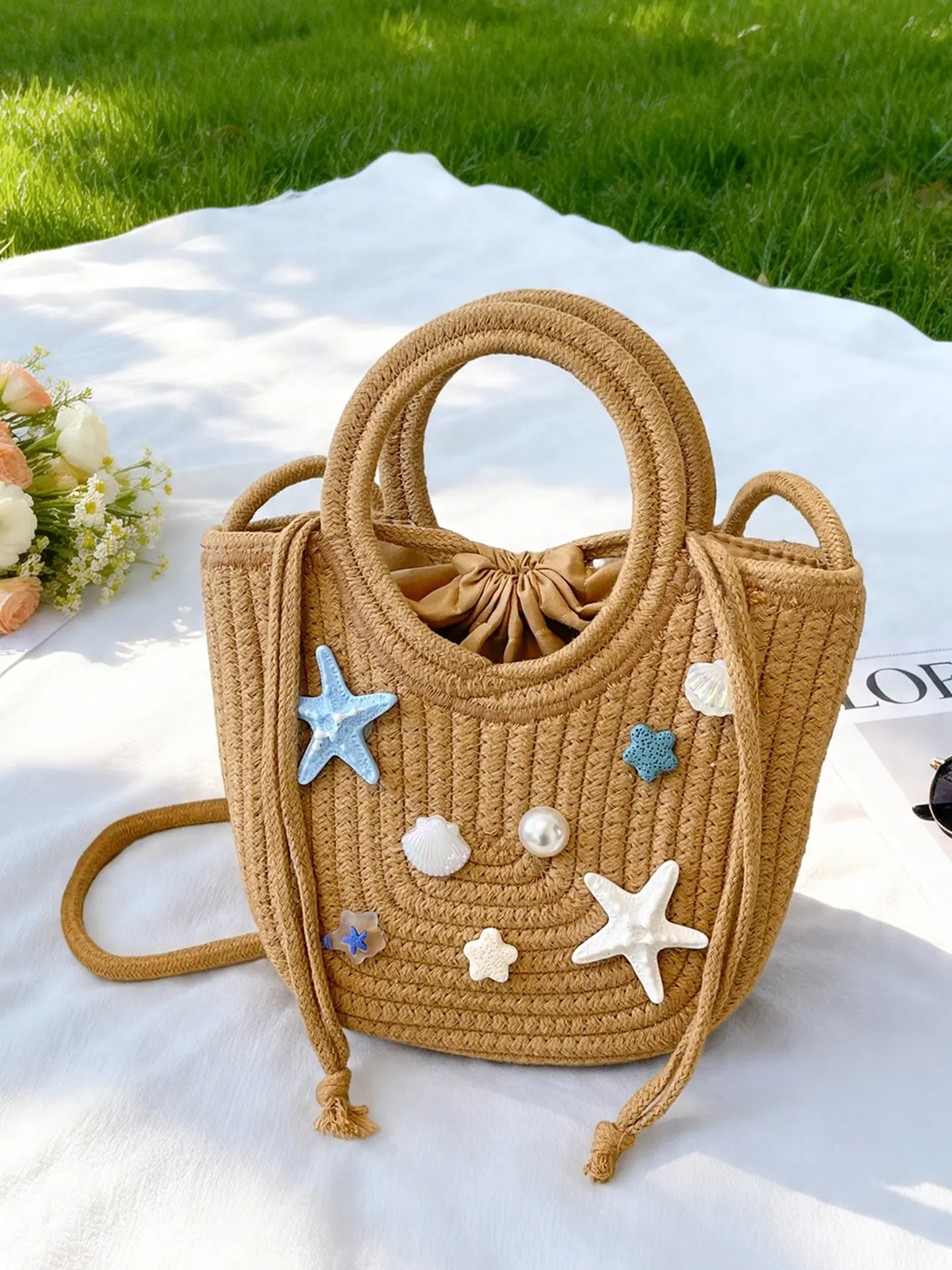 Bohemian Starfish Decor Bucket Bag, Lightweight Durable Boho Shoulder Bag, Drawstring Beach Boho Style Crossbody, Ideal for Vacation & Daily Use