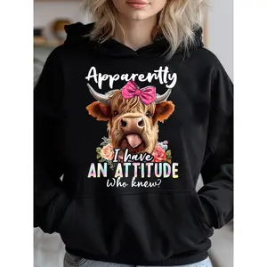 Humorous Statement |   Women's Highland Cow Graphic Hoodie - "Apparently I Have an Attitude Who Knew" Funny Print, Cozy Pullover with Floral Accents, Casual Long Sleeve for Spring/Fall, Casual Wear Hoodie |   Playful Cow Design |   Blend Hoodie