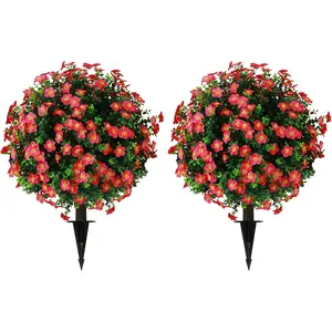 Sunnyglade Set of 2 Artificial Boxwood Topiary Ball Trees with Red Flower, Faux Shrub Bushes with Ground Spike 25.5", UV Resistant Fake Boxwood Plants for Indoor, Garden, Porch, Patio Decor (Red)