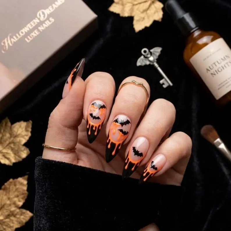 Halloween Bat Press On Nails Orange Drip Gothic Acrylic Fake Nails Spooky Style for Halloween Party Costume Event