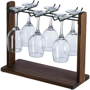 Brown Wood and Black Metal Wine Glass Holder, Drying Rack for Drinking Glasses, Goblets, Flutes