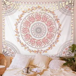 Mandala Tapestry Aesthetic,Boho Tapestry Wall Hanging,Pink Floral Medallion Tapestries,Bohemian Wall Art Hippie Decor for Bedroom Living Room Dorm