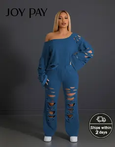 JOYPAY Trendy Off-Shoulder Ripped Two-Piece Lounge Set Casual Wide Leg Blouse & Knit Fabric Crew Neck Spring Fall Clothing