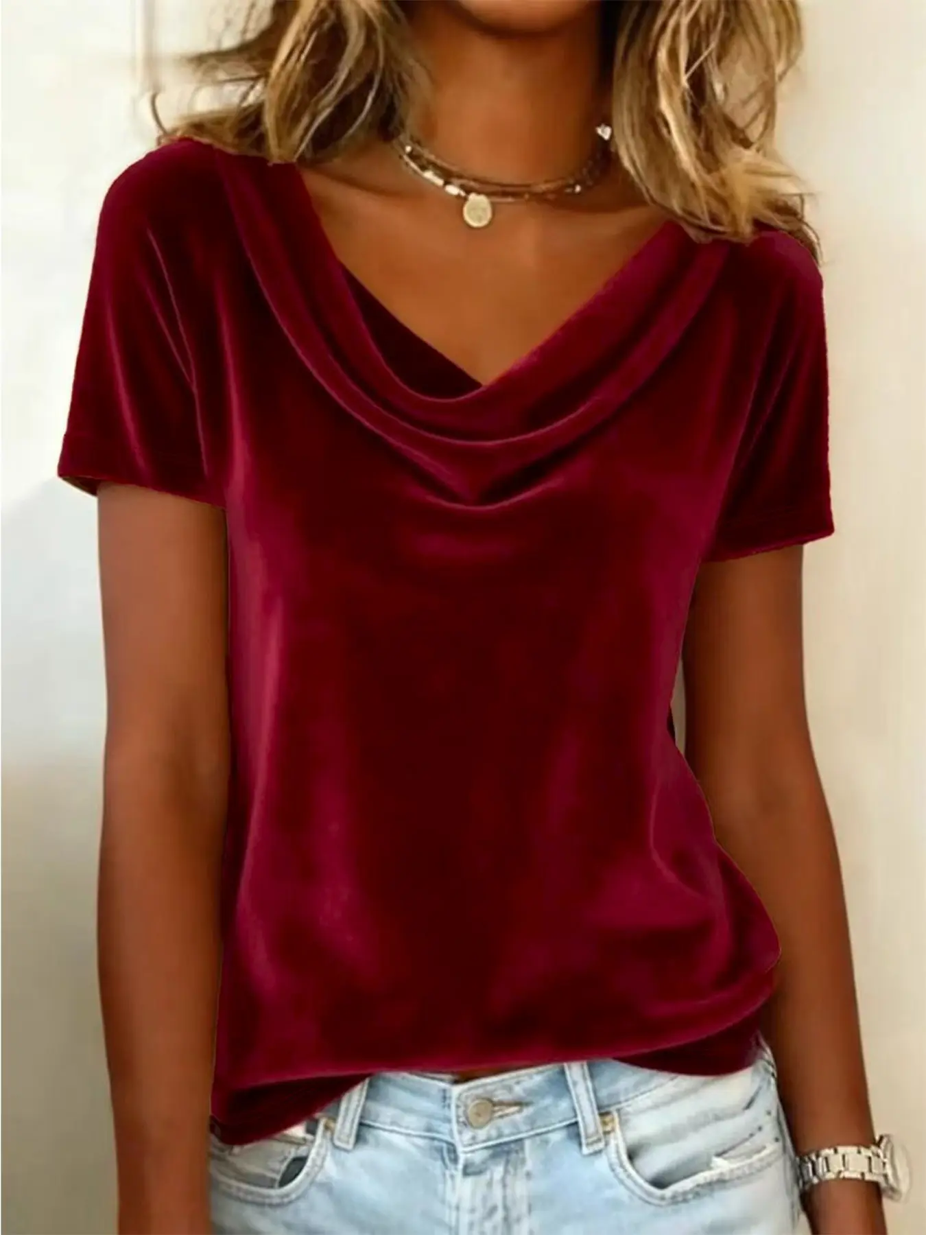 Fashion Women's New Basic Solid Color Draped Neck Short Sleeve Loose Soft Sexy Velvet T-Shirt, Stylish Chic Casual Summer Top, Perfect for Daily Wear, Womenswear