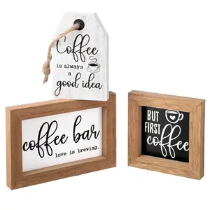 3 Pieces Coffee Bar Decor Accessories Mini But First Coffee Wood Sign Farmhouse Rustic Coffee Table Decoration Vintage Kitchen Wood Plaque for Tier Tray Decor