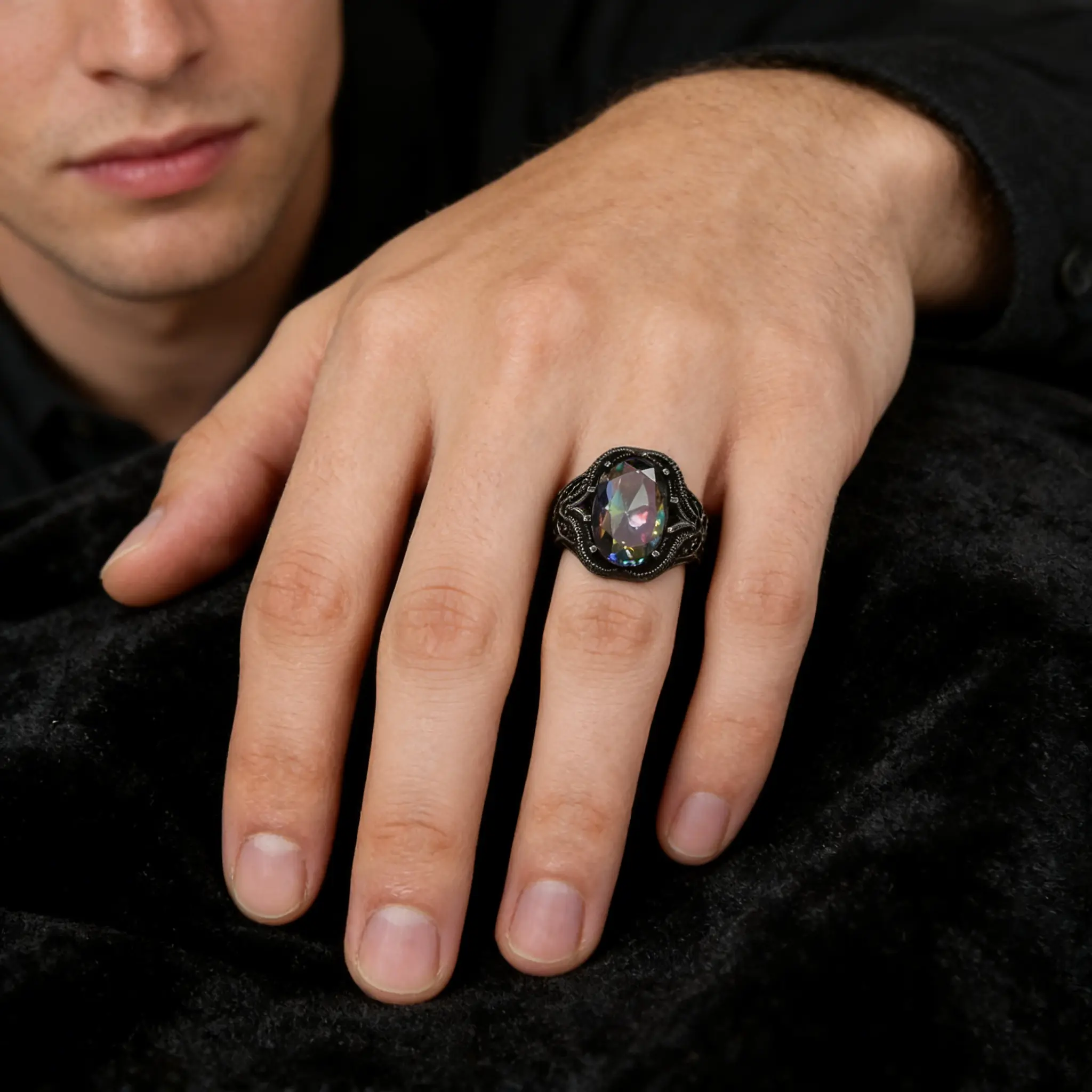 Vintage Gothic Ring with Mystic Topaz Gemstone, a Durable Tarnish-Resistant Filigree Statement Piece for Versatile Occasion, Alternative Style, Gothic Mystic Topaz, Polished Inner Band, Rainbow Fire, Bold Comfortable Fit, Vintage Filigree, Daily & Gothic