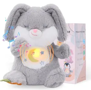 EMOIN Breathing Stuffed Animal Soothing Breathing Bunny Plush Sleep Buddy with Realistic Breathing Motion and Lights Music Birthday Gifts