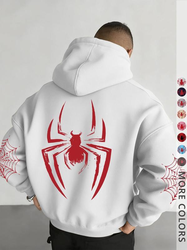 Unisex design, autumn and winter street style hooded sweatshirt with a spider pattern print, featuring cord fasteners and kangaroo pocket design. Perfect for everyday outings; comfortable fabric; stylish for the streets, versatile, trendy, suitable for ca