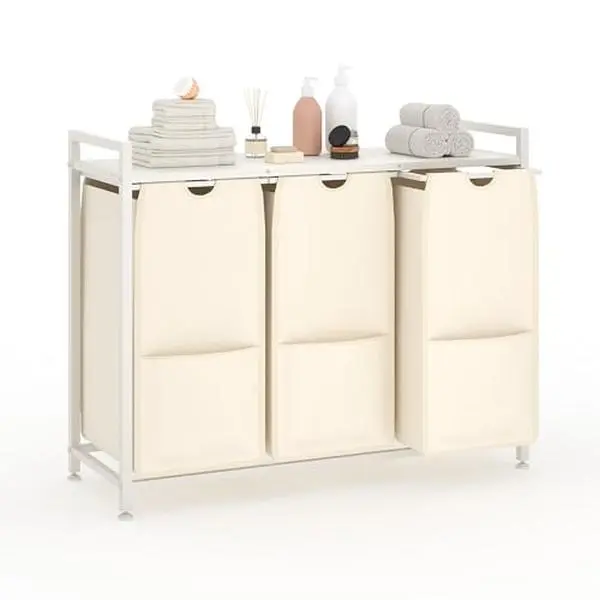 Laundry Sorter 3 Section, 3 x 12.8 Gal(48.5L), Laundry Hamper Organizer with Pull-Out and Removable Bags, Freestanding Clothes Basket for Laundry Room, Bedroom, Bathroom, Metal Frame Design
