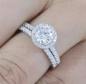 Janefashions 1CT Round Cut Halo Diamond Simulant CZ Engagement Ring Wedding Band Set 925 Sterling Silver Bridal Ring Guard Set Size 2.5-15 S6862